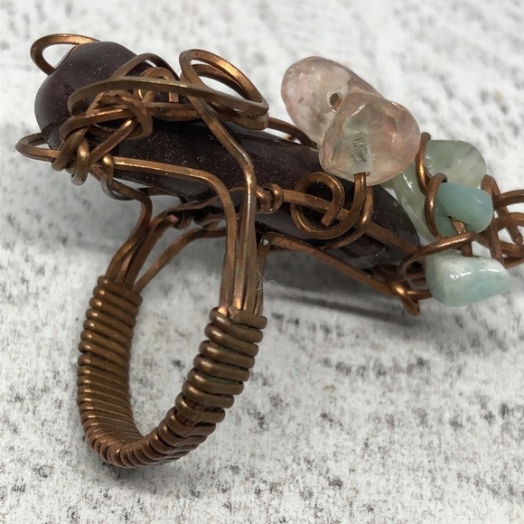 Artisan handmade copper wire stone statement ring rustic stone cluster brutalist - Picture 5 of 7